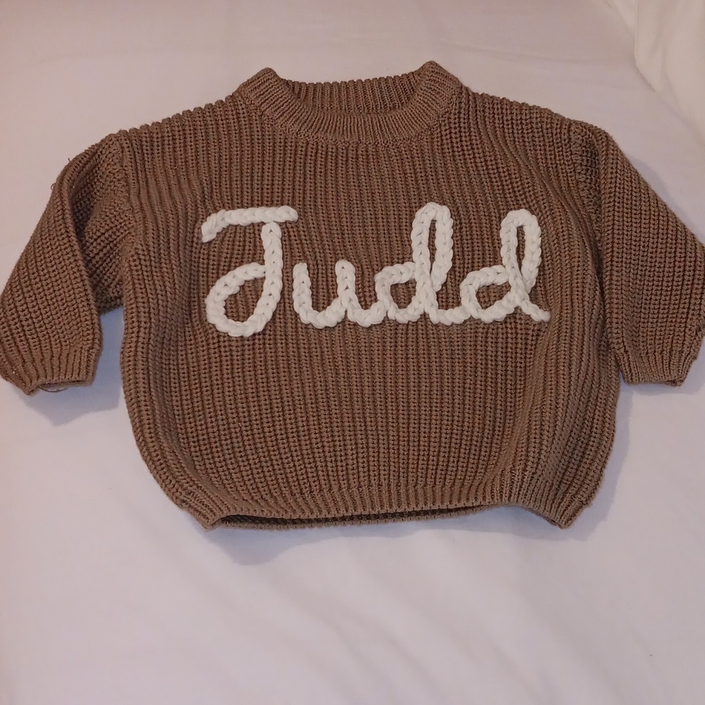 Brown Knit Sweater with White Script NAME JUDD